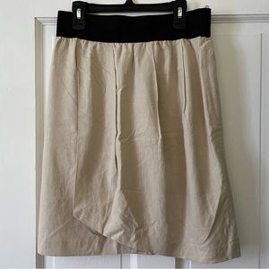 Sharagano Signature Beige Linen Faux Wrap Skirt, Elastic Waist, Small